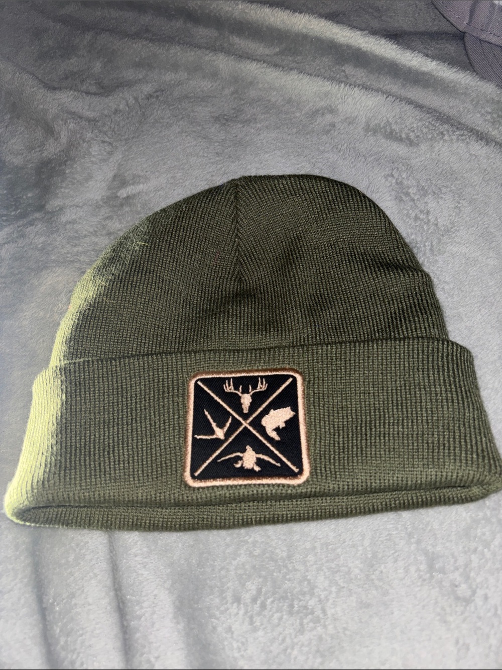 Men's Olive Green Knit Beanie with Outdoor Patch